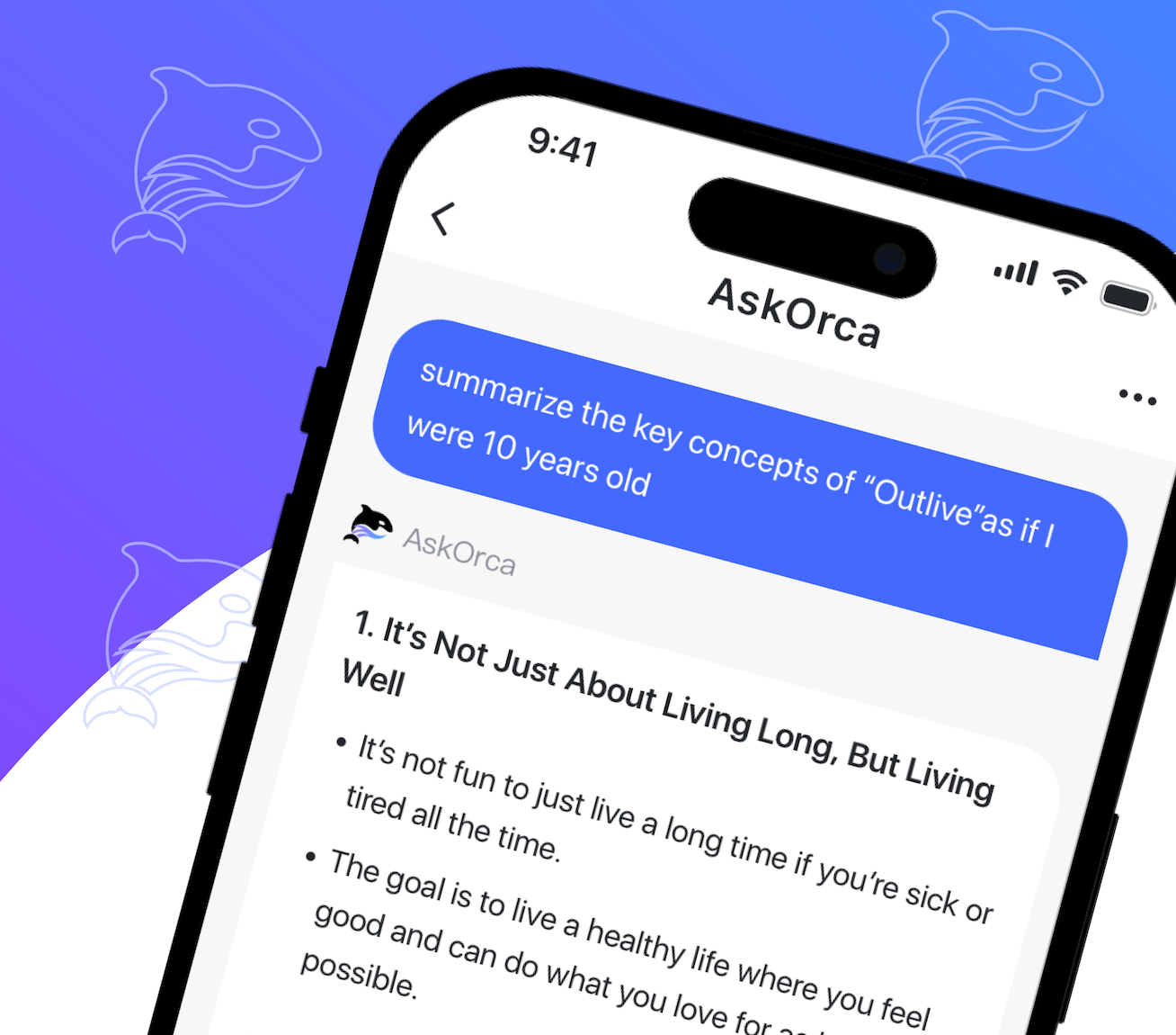 AskOrca mobile app interface showing a summarization of content